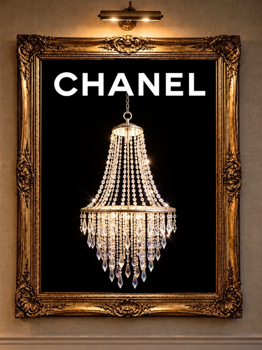 CHANEL Crystal Chandelier Fashion Art Print Black Glam Moody Luxury Wall Decor